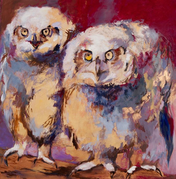 ‘Herb and Glo’ by Karen Kent is a36” x 36” acrylic painting of two cranky owls