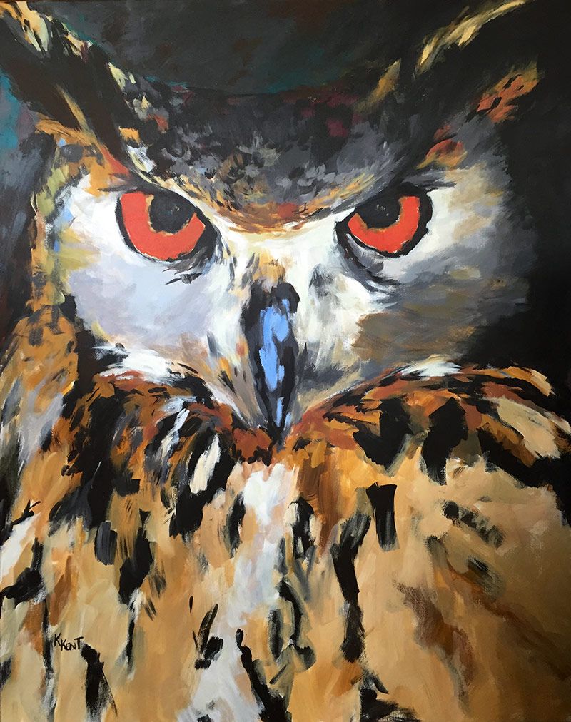 ‘Courage’ by Karen Kent. A 36” x 48” acrylic painting of her interpretation of a European Eagle Owl