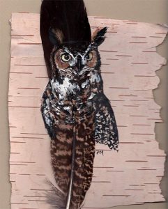 Great Horned Owl painted on a turkey feather by Pat Morris