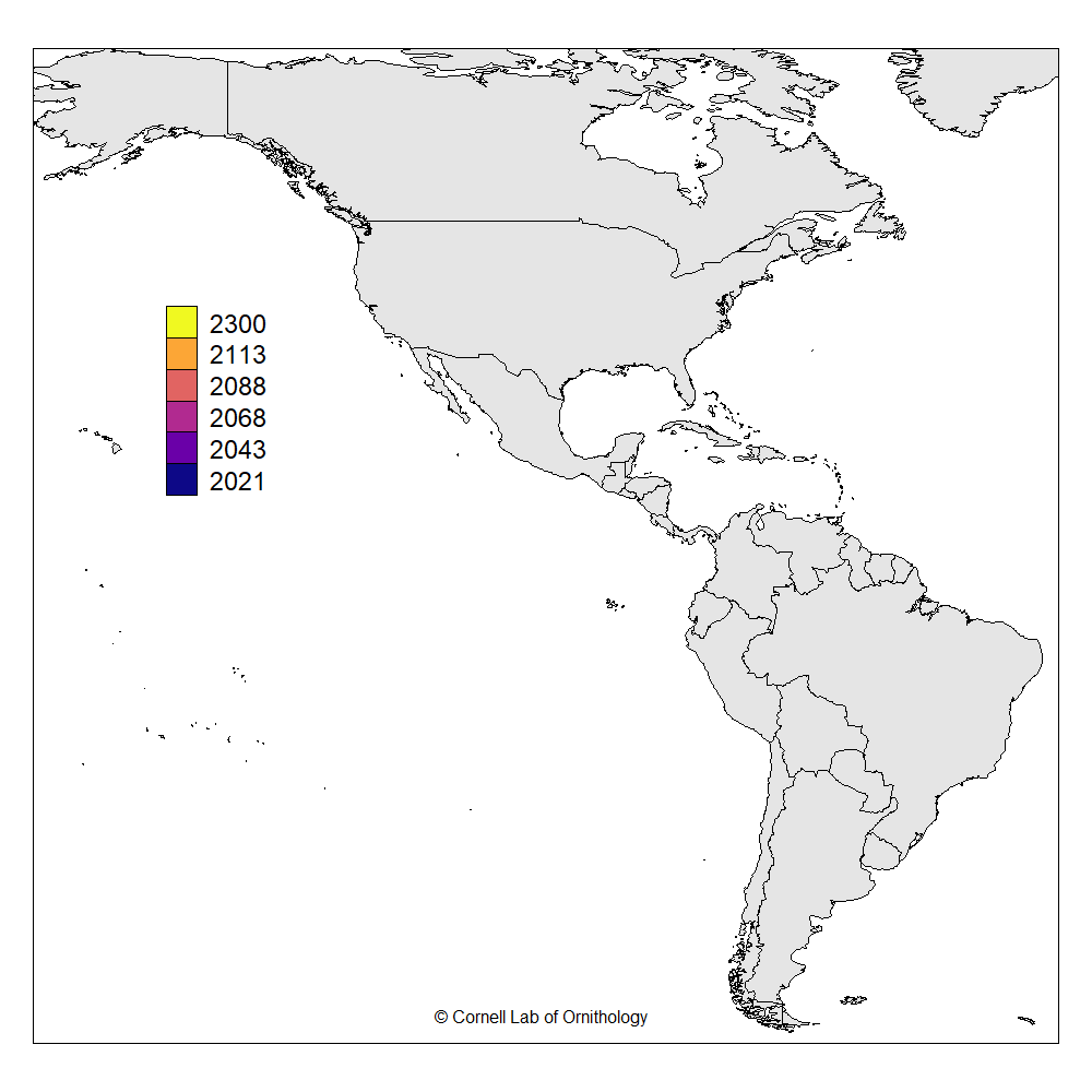 Map shows where and when novel climates are likely to emerge based on projections from the International Panel on Climate Change. Animation by Frank La Sorte, Cornell Lab of Ornithology