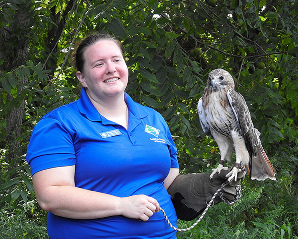 Sharon Riley, education specialist at Audubon Society of Rhode Island with Finn, a Red-tailed Hawk education ambassador