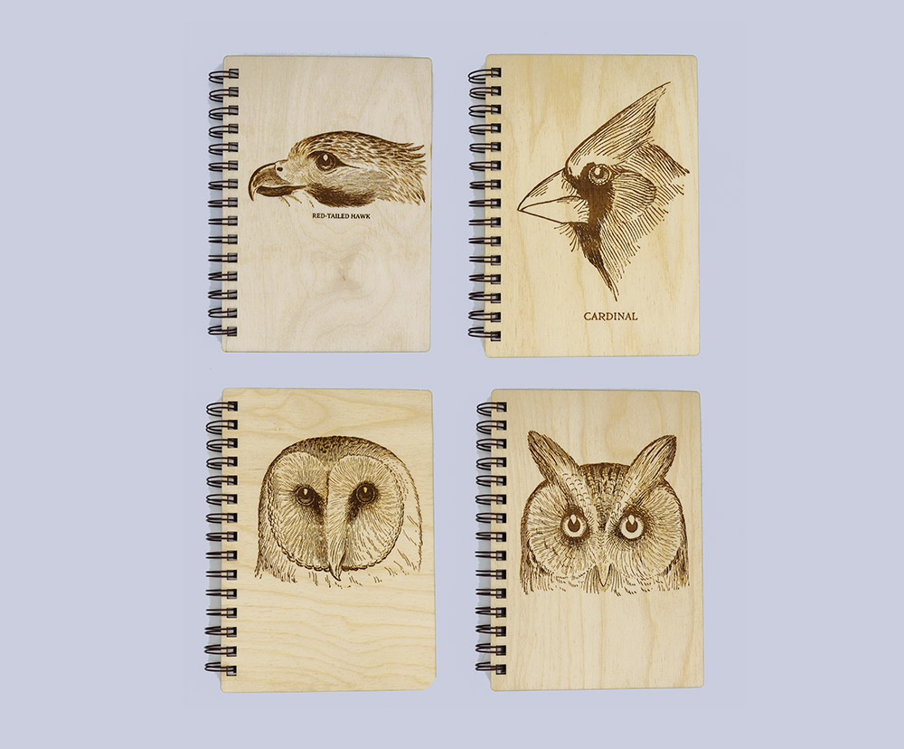 intoBirds line of wood laser engraved journals and nature sketchbooks